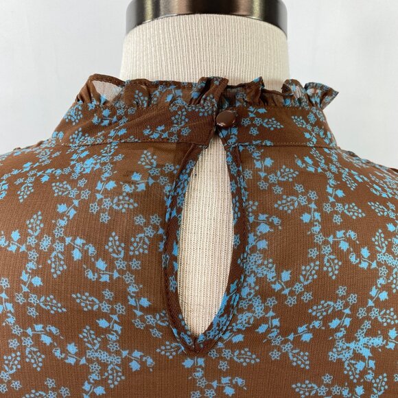 Ana Womens Brown Blue Floral Chiffon Blouse Ruffle Neck Keyhole Back Size 2X - Picture 4 of 7